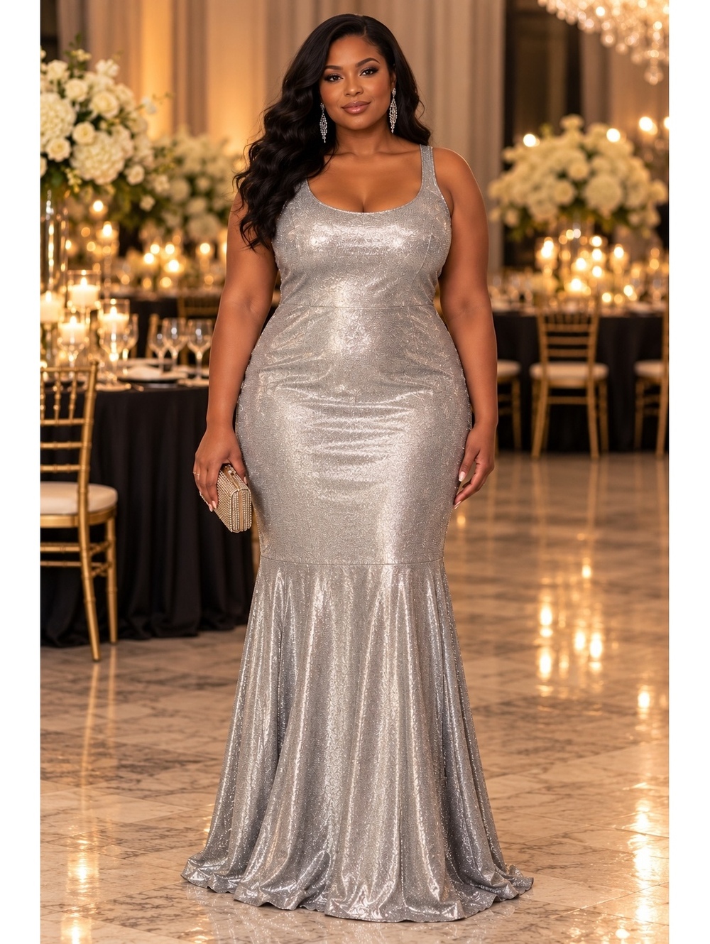 Hutch Cameron Gown 18W Silver Metallic Sleeveless Mermaid Maxi Dress Plus